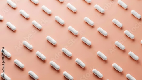 White medicine capsules arranged in a repeating pattern on a pastel pink background with medicine, pharmaceutical