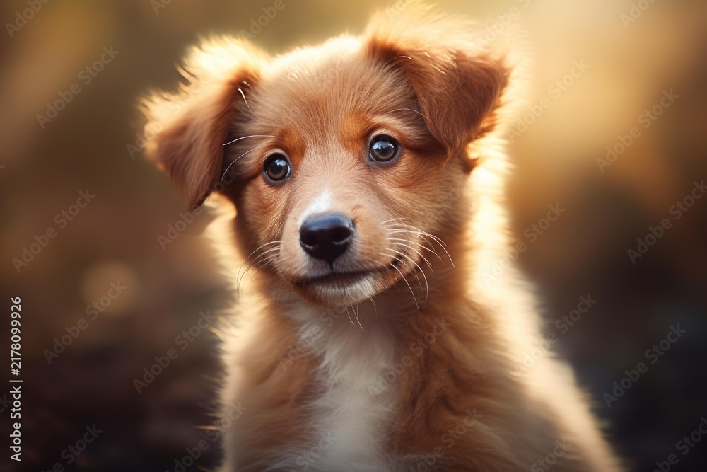 Fototapeta premium Cute fluffy puppy standing with golden hour light illuminating its fur