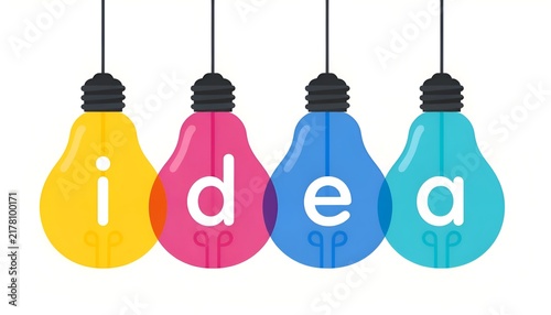 Colorful Hanging Lightbulbs Spelling IDEA - Creative Brainstorming Concept