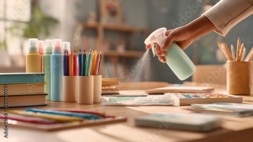 Disinfecting a desk with cleaning spray, sanitizing school supplies for hygiene. A hand sprays disinfectant onto a desk covered with school supplies, promoting clean and healthy learning environment