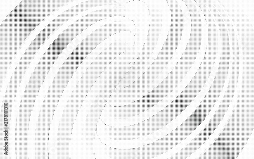Abstract monochrome halftone pattern with spiral swirls and circular dot distortion