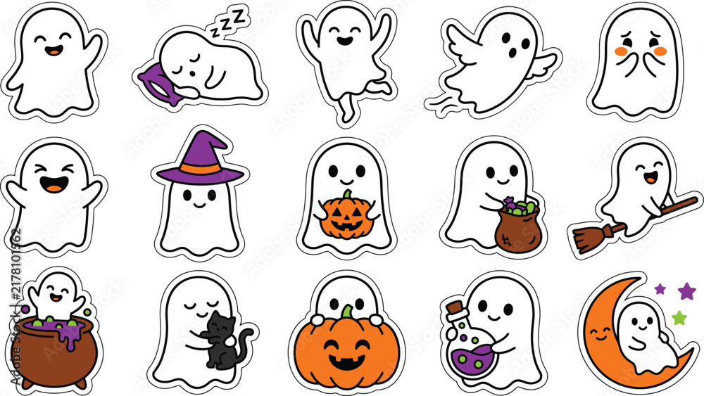 Fototapeta premium Set of cute ghost stickers for halloween
