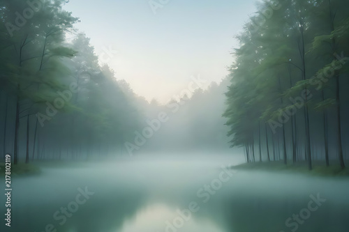 A colab inspired background image of calm foggy forest.