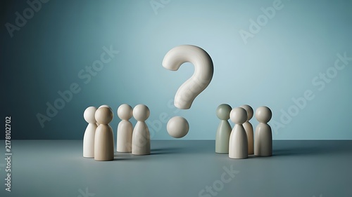 A group of light wooden peg dolls gathered around a large white question mark on a muted blue surface representing a team seeking for answers