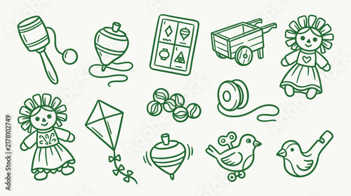 фотографія A collection of hand-drawn, vintage-style toys including dolls, spinning tops, a kite, marbles, a cart, and a wind-up bird