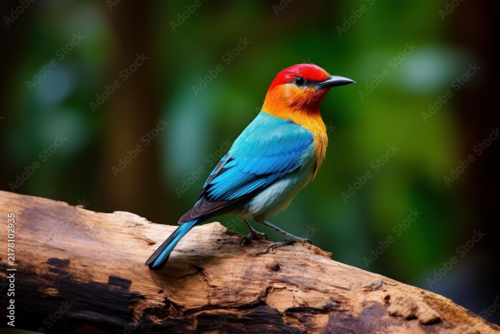 Fototapeta premium Tropical bird with vibrant plumage perching on bark in a natural habitat