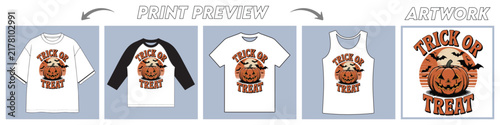 Customizable Printable T-Shirt Design with Four Different Print Preview Mockups, Showcasing a Trick or Treat Pumpkin Graphic Editable Vector Eps 10
