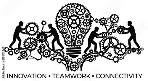 Silhouettes of people working with gears and a lightbulb vector illustration