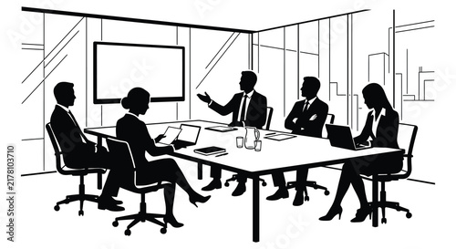 Silhouette of a business meeting with people seated around a conference table
