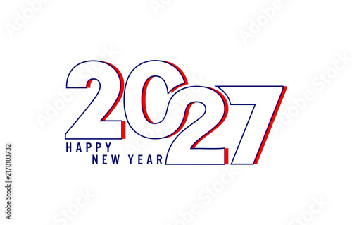2027 Happy New Year typography design with red and navy outline on white background