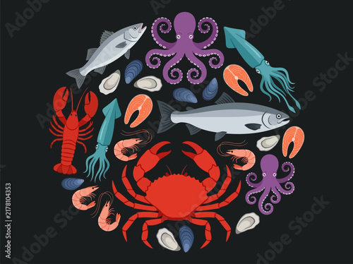 Seafood Assortment Circle Illustration with Crab, Lobster, and Fish on Black Background