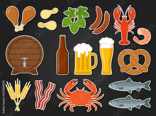 Beer and Snacks Flat Illustration Set with Pub Appetizers and Brewery Icons