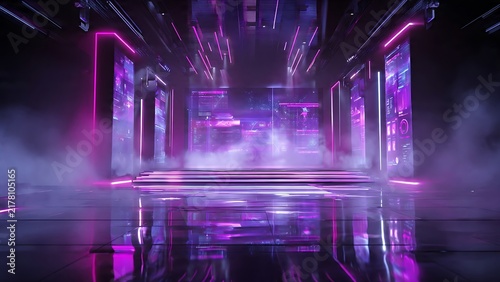 Futuristic purple and magenta neon corridor stage with vertical glowing lights