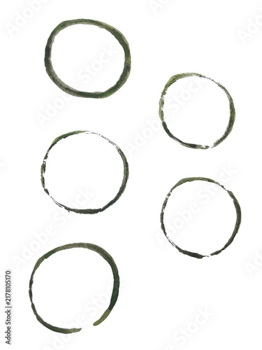 Five hand drawn rough circles with dark green ink texture on a simple paper surface for artistic design