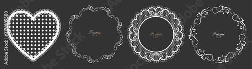 Принти на полотні Lace frame set, white vector round and heart borders with vintage crochet doily pattern, floral scrolls and mesh
