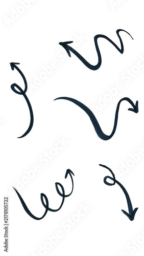 Set of hand drawn wavy arrows with various curves and directions in black ink style for design elements