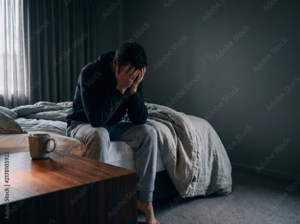 Fototapeta premium Depressed man sitting on edge of bed covering face with hands for insomnia and mental health concept