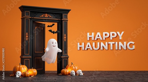 Happy haunting lettering next to an open black door with a cute ghost and orange pumpkins halloween background black doorway halloween text halloween decoration spooky theme october holiday