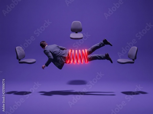 Surreal concept of businessman floating horizontally through glowing red spring among floating chairs on purple background