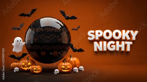 Spooky night halloween background with black crystal ball glowing pumpkins ghost flying bats against orange wall black sphere cute ghost halloween decor spooky theme autumn festival fall holiday