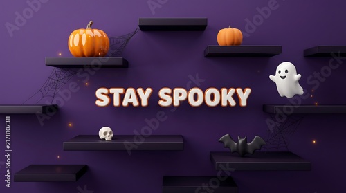 Stay spooky halloween background with floating shelves pumpkins ghost bat on purple wall halloween decor spooky season autumn holiday product stage 3D render pumpkins fall celebration seasonal