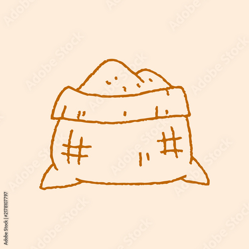 Vintage Flour Sack Doodle. Hand drawn vector illustration of retro burlap bag, featuring folded fabric. For bakery packaging, and rustic kitchen