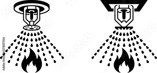 Bild auf Leinwand Fire sprinkler system icons set with water spray and flame symbols