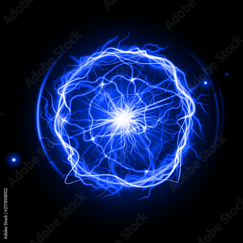 Abstract glowing blue energy orb with a dynamic light effect isolated on a deep black background