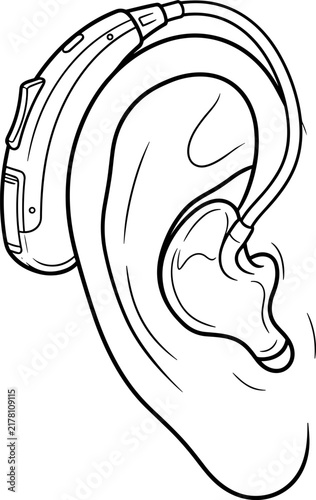 Foto Line art illustration of a behindtheear hearing aid device worn on a human ear