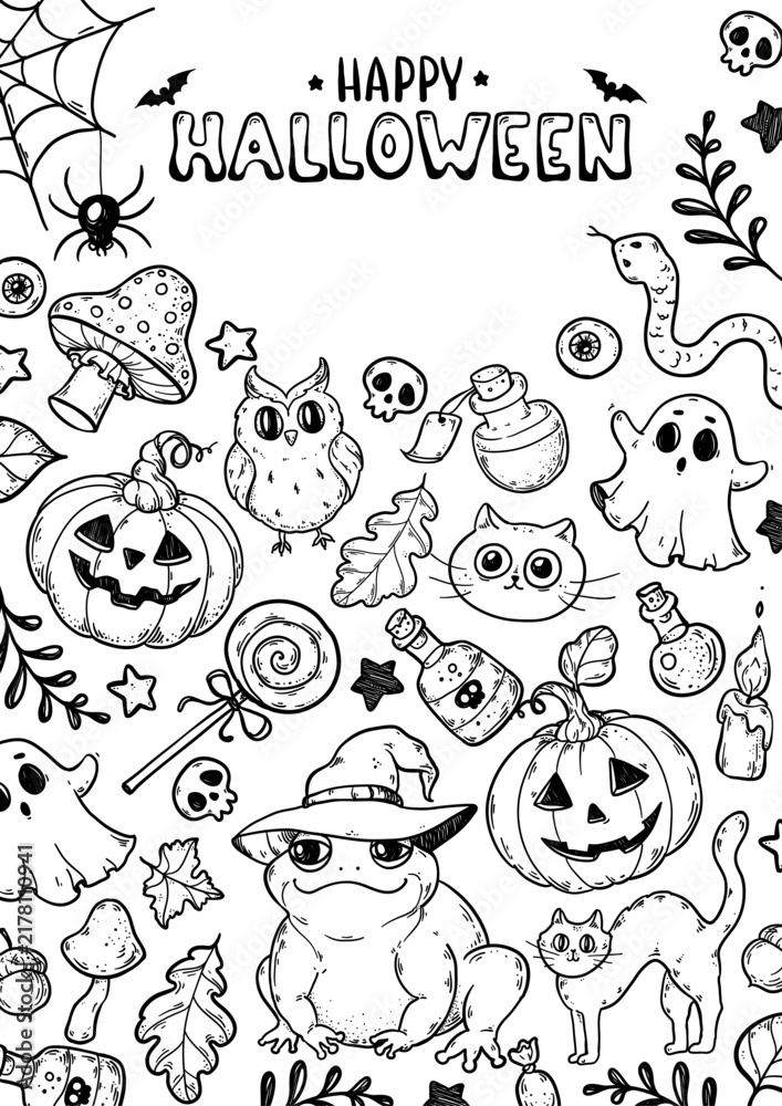 Fototapeta premium Halloween coloring page vector, hand drawn frame with witch frog, pumpkin, owl and ghost, black and white printable line art for kids
