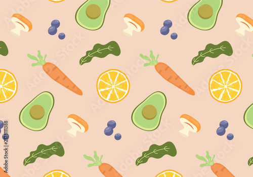 Seamless Pattern of Fresh Vegetables and Healthy Food