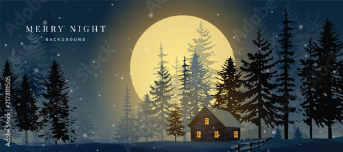 Christmas Night Winter background vector. Happy New Year season greeting with house, pine tree, reindeer and snowfall. Background design for invitation, cards, social post, cover, sale banner, ads.