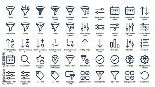 Minimalist UI icon set for data filtering and sorting. Collection of 50 outline icons for web interface design. Professional dashboard navigation symbols.