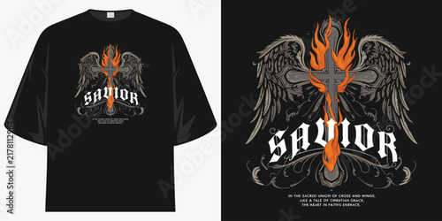 savior christian religious cross wings flames gothic urban streetwear graphic apparel art print vector illustration artwork t shirt design vector illustration artwork