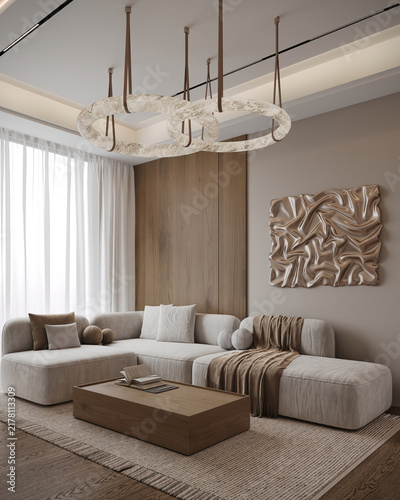 Refined contemporary living room with large sectional sofa, sculptural chandelier, textured wall art, warm wood accents and neutral tones in a luxury apartment.