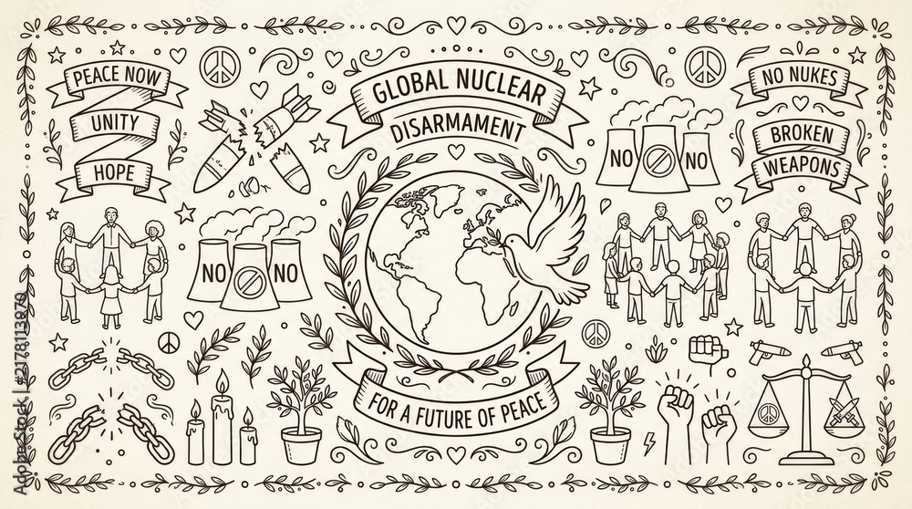 Obraz premium Global nuclear disarmament and world peace concept with hand drawn illustrations and typography