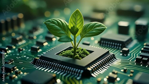 A young plant sprouts from a microchip on a circuit board, symbolizing growth and technology.