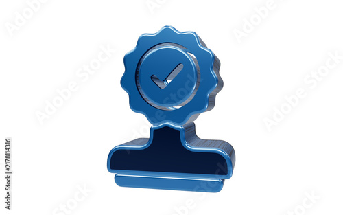 Obraz na płótnie Certified Seal of Approval: A metallic blue rubber stamp with a cogwheel edge and a checkmark emblem, symbolizing quality assurance and official approval