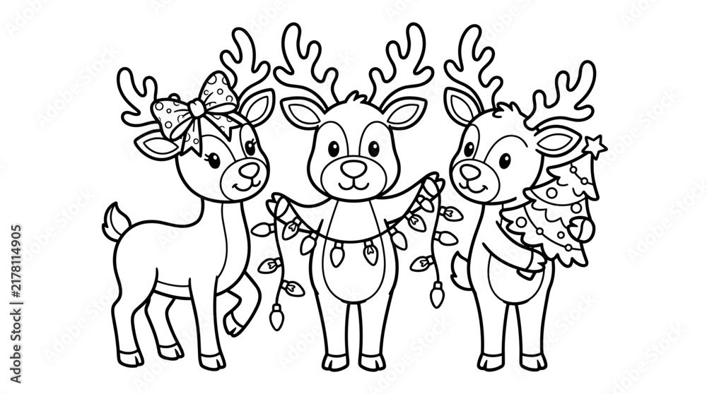 Fototapeta premium Three cute cartoon reindeer with festive lights and a Christmas tree, isolated on white, perfect for holiday coloring pages.