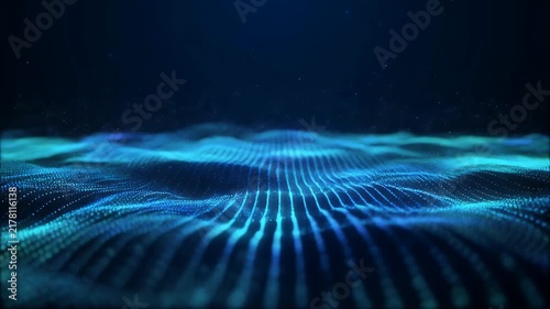 Abstract blue digital wave pattern composed of glowing particles.