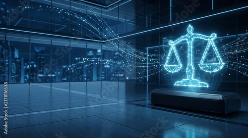 Digital legal scales glowing with neon blue particles represent modern justice concepts inside a sophisticated futuristic office building at night