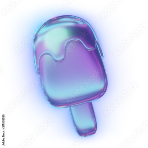Glowing iridescent 3d popsicle ice cream icon with bloom light in y2k style