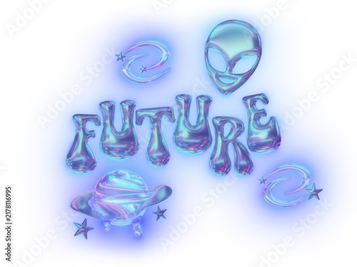 Glowing 3d future text with alien head and planet in liquid chrome y2k style