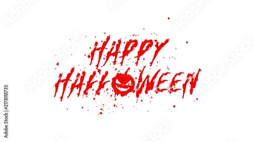 Happy Halloween animated text in a red blood splatters on white transparent background with pumpkin appears. Spooky Halloween party. Alpha channel 4k