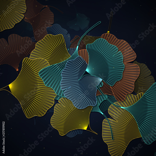 Canvas Print Elegant glowing Ginkgo Biloba leaves embodying natural grace and modern digital