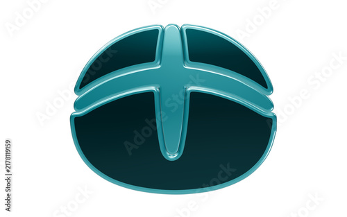 Foto Abstract Teal Symbol: A polished, 3D teal symbol with a cross-like design encased in an oval shape, showcasing a modern and abstract aesthetic
