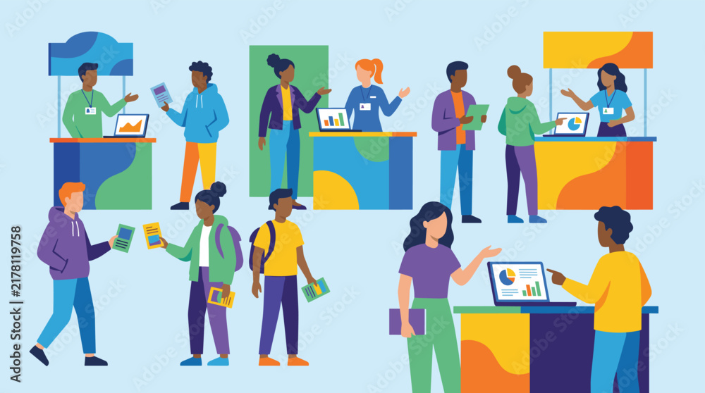 Fototapeta premium Diverse people interacting at exhibition booths, presenting information and engaging with visitors, flat design vector illustration