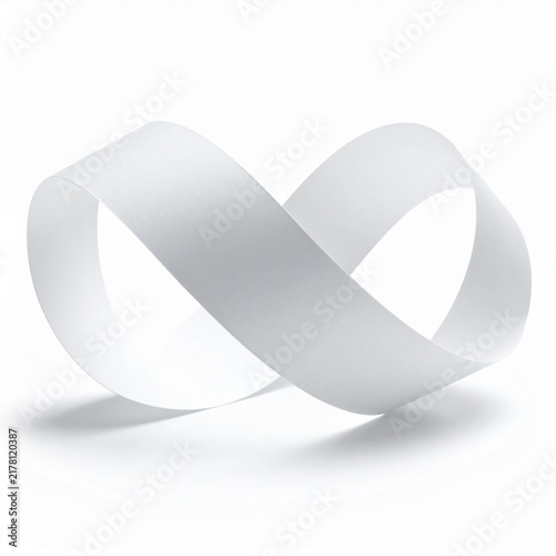A clean white paper mobius strip isolated on a white background representing the concept of infinity and continuous mathematical perfection.