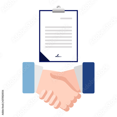 Business agreement and handshake with signed contract illustration.