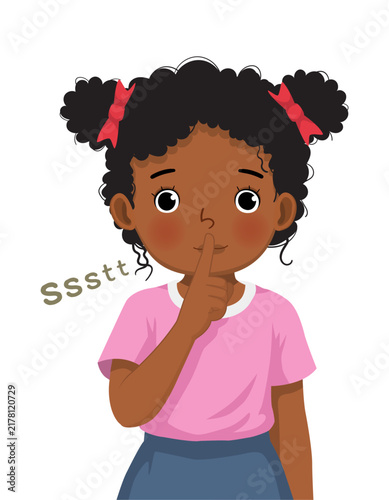 Little African girl showing silence gesture putting her index finger on lip asking to be quiet, vector isolated
